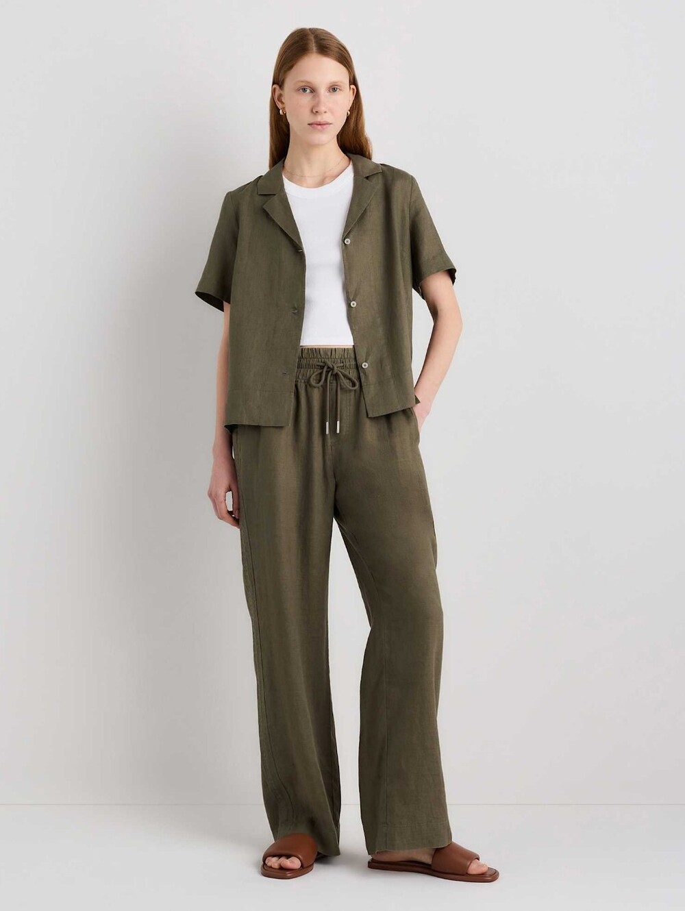 Quince Relaxed Olive Drawstring Linen Blend Pants. Never Worn.